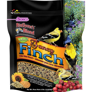 Brown’s Bird Lover’s Blend Fancy Finch wild bird seed, 2 lb. resealable bag featuring goldfinches, sunflower seeds, and cranberries.