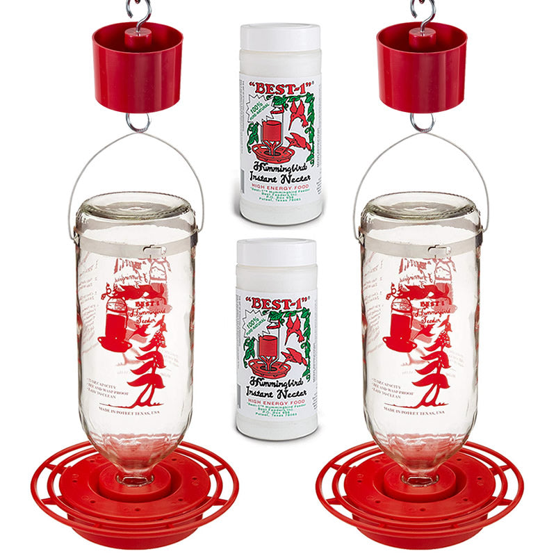 Best-1 Hummingbird Feeder 32 oz. Dual Kit, featuring two feeders with red bases, two ant moats, and two powdered nectar containers, for attracting multiple hummingbirds.