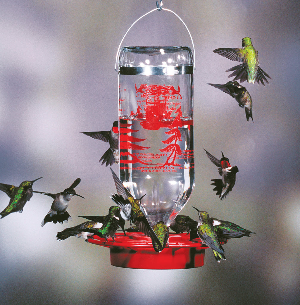 Best-1 Hummingbird Feeder 32 oz. with clear glass bottle, red feeder base, and eight feeding stations, surrounded by hummingbirds in flight.