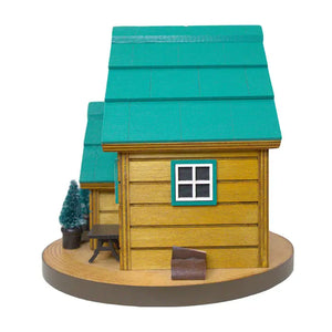 Cedar Point Cottage House, a small wooden birdhouse with a blue roof, designed for wrens, featuring ventilation, drainage, and a back entry for easy cleaning.