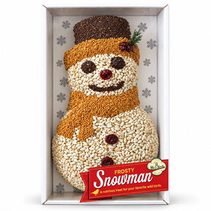 Frosty Snowman birdseed ornament in a white gift box with snowflake backing and red Mr. Bird label.