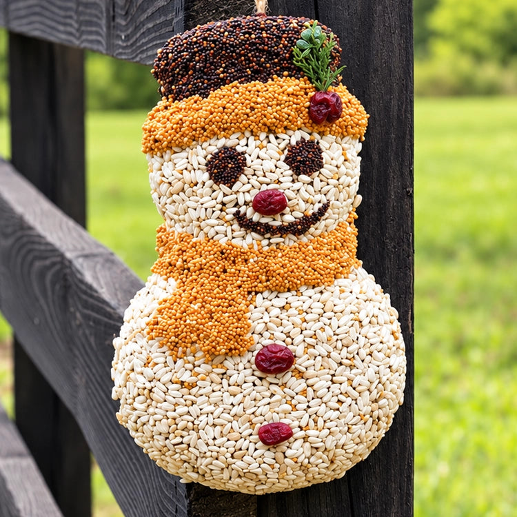 Frosty Snowman birdseed ornament hanging from a dark wooden fence beside a green lawn.