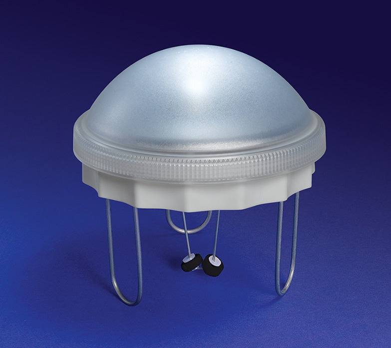 Solar Water Wiggler with a round plastic dome and built-in solar panel, designed to create continuous ripples and attract birds to birdbaths.