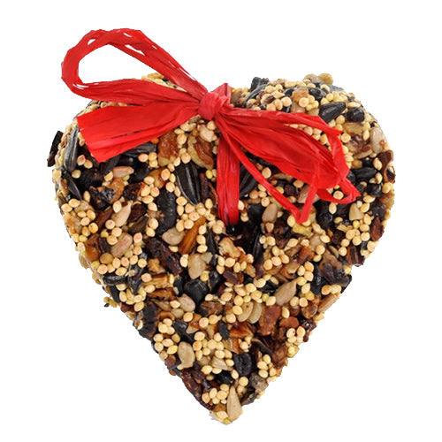 Little Bird Seed Heart, a heart-shaped bird seed treat with a red raffia hanger, perfect for attracting various birds to your yard.