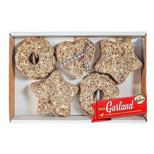 Mr. Bird Seed Garland gift box with two star, two ring and one heart birdseed ornament.