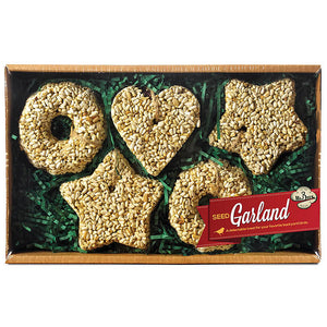 Box of bird seed garland treats, featuring star, heart, and round shapes, ideal for attracting birds with premium sunflower hearts and safflower seeds.