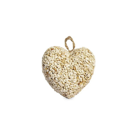 Wild Bird Seed Love Hearts: Heart-shaped block of safflower and sunflower seeds with twine loop, designed for hanging outdoors as a bird treat.