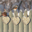 Wild Bird Seed Love Heart feeders on a snow-dusted fence with a finch and titmouse feeding, showcasing edible safflower and sunflower heart design.