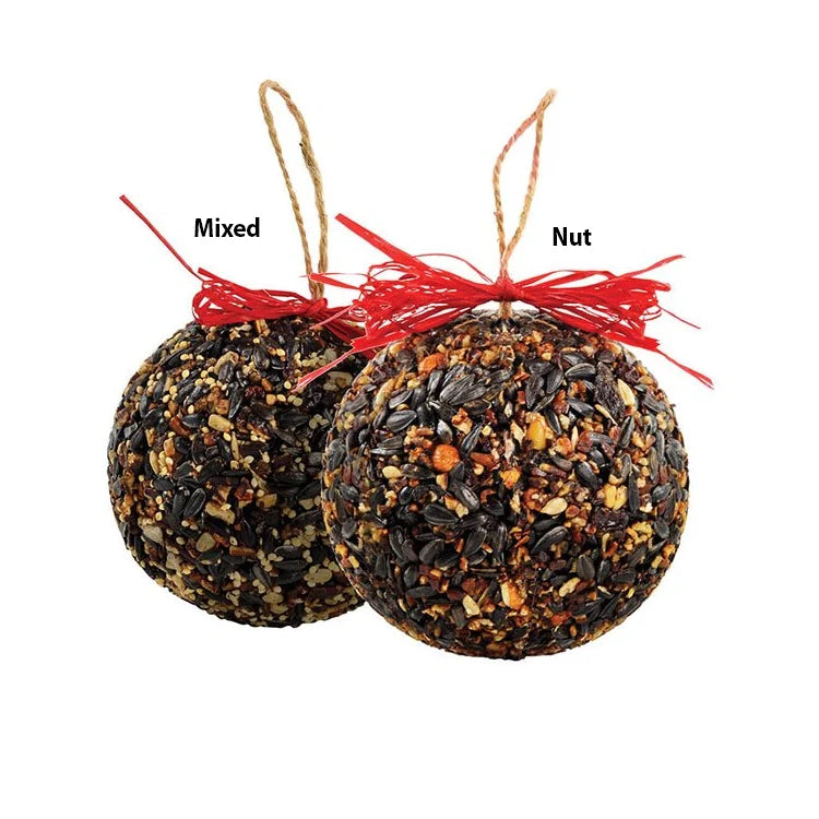 Wild Bird Seed Ball Ornaments featuring Mixed and Nut varieties, each with a twine loop for hanging, perfect for attracting seed-loving birds to your yard.