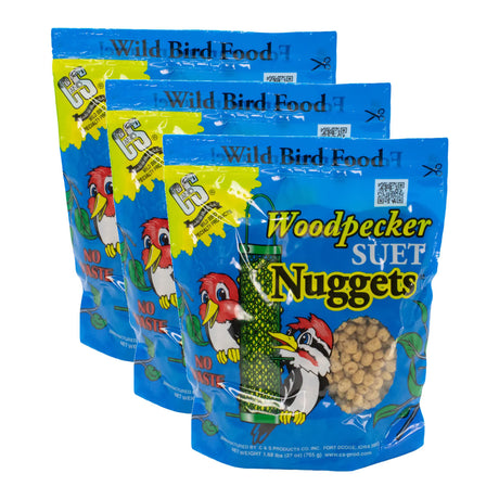 Woodpecker Suet Nuggets, Set of 3, featuring blue bags with bird graphics. Ideal for attracting birds with nutritious, bite-sized suet nuggets.