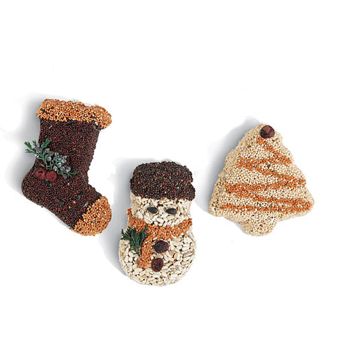 Holiday Shapes Tree, Stocking & Snowman bird seed ornaments, featuring handmade designs of a tree, stocking, and snowman, attract diverse birds with premium seed mix.