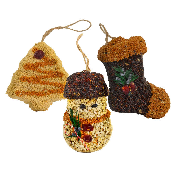 Holiday Shapes Tree, Stocking & Snowman bird seed ornaments: festive, handmade treats with premium seeds, natural jute hangers, and no fillers, perfect for attracting birds.