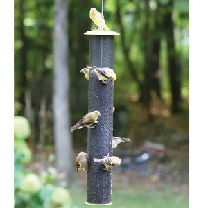 XLTall Magnet Mesh Tube bird feeder, showing several birds perched and feeding. Holds up to 5 lbs. of Nyjer® seed, made from all-steel mesh.