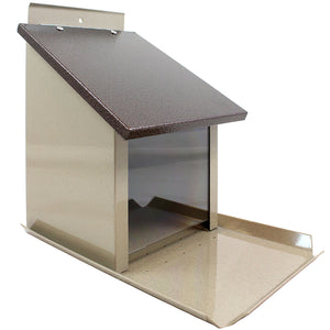 Squirrel Lunch Box with a hinged lid, wide deck, and clear plexiglass window, designed to divert squirrels from bird feeders.