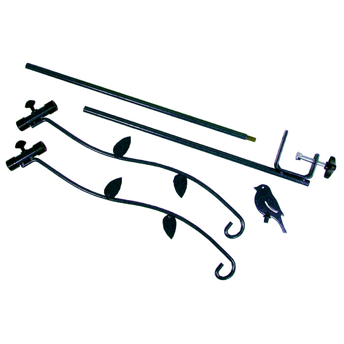 34 Deck Kit with Adjustable Branches, featuring a decorative black metal bird and two adjustable hangers for bird feeders.