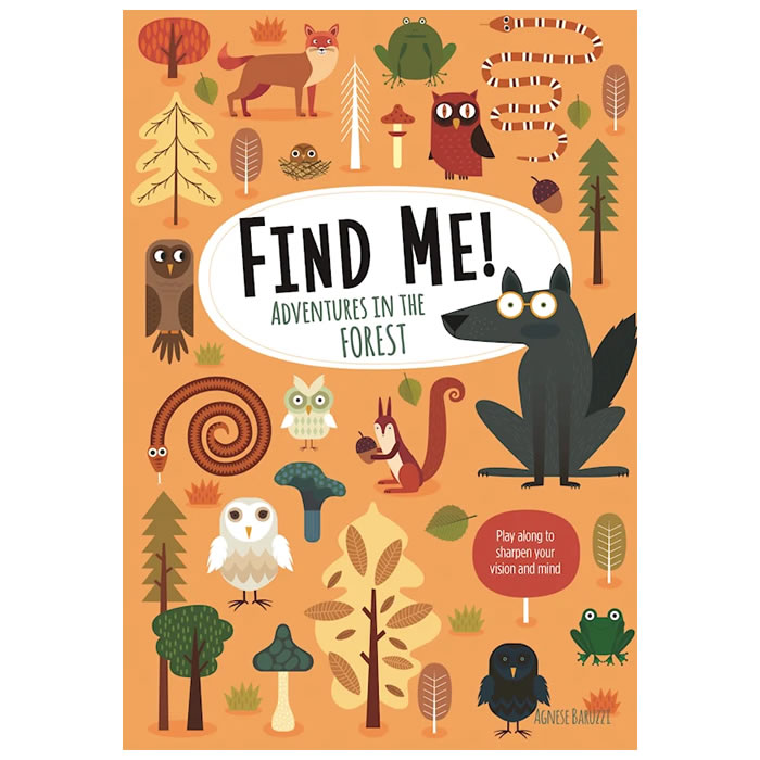 Find Me! Adventures in the Forest Activity Book cover featuring cartoon animals, including a wolf and a fox, inviting readers to explore hidden objects and puzzles.