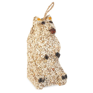 Snow Bear Wild Bird Seed Feeder: Squirrel-shaped ornament made of sunflower hearts, featuring detailed seed eyes and claws with a jute loop for hanging.
