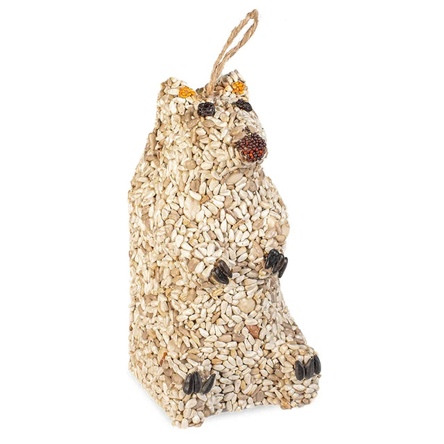 Snow Bear Wild Bird Seed Feeder: Squirrel-shaped ornament made of sunflower hearts, featuring detailed seed eyes and claws with a jute loop for hanging.