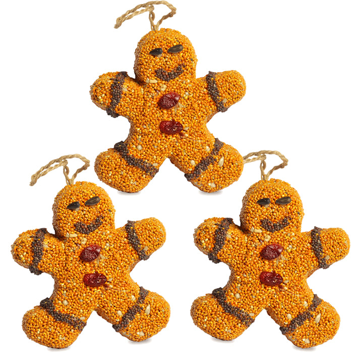 Gingerbread Men Bird Seed Treats, set of 3, featuring close-up of three gingerbread men-shaped ornaments made of edible bird seed with natural jute hangers.