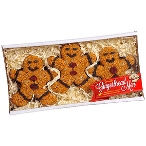 Gingerbread Men, Set of 3: Edible bird seed treats shaped like gingerbread men, boxed for gifting. Includes natural jute hanger, made with premium millet and berries.