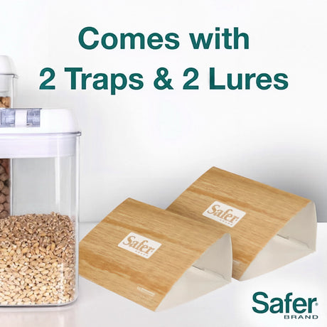 Pantry Pest Trap, 2 Pack; a close-up of the logo and a container of wheat, emphasizing natural pest control for pantry moths.