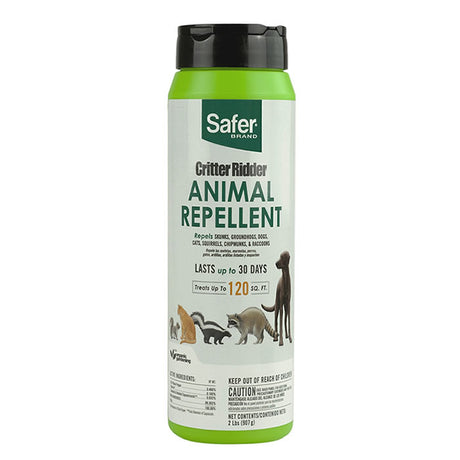 Critter Ridder Animal Repellent Granules, 2 lbs. Green bottle with white label featuring green text and animal images. Effective for repelling various nuisance animals.