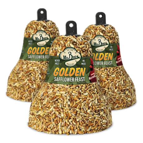 Golden Safflower Feast Bell, Set of 3: Compact safflower seed bird-feed bells with hangers, designed for wild birds, discouraging squirrels, and ensuring a mess-free feeding experience.