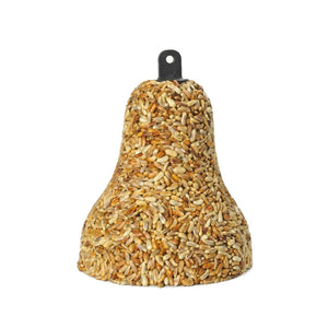 Golden Safflower Feast Bell, Set of 3, featuring bell-shaped bird feeders made from 100% safflower seeds, designed to deter squirrels and attract cardinals. Includes built-in hangers.