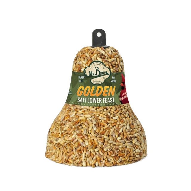 Golden Safflower Feast Bell, Set of 3, anti-squirrel bird seed bells with built-in hanger, featuring 100% safflower seed to attract cardinals and other birds.