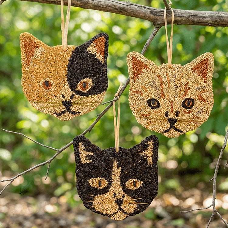 Wild bird seed cat ornaments hanging from a tree branch. A mischievous trio of feline friends for your birds to enjoy