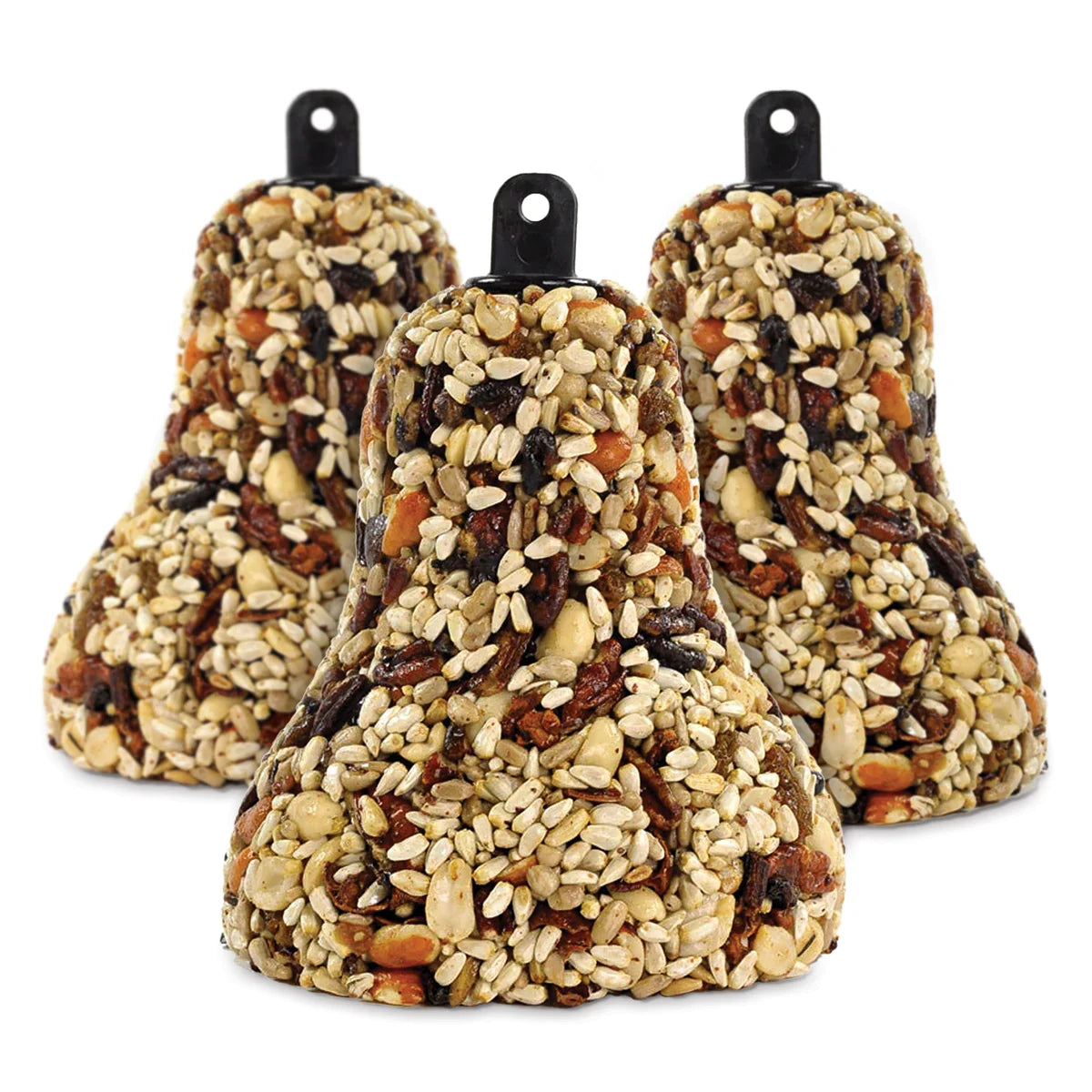All Season Bird Seed Bell, Set of 3, featuring bell-shaped seed and nut blocks with built-in hangers, ideal for attracting diverse backyard songbirds.