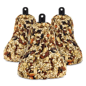 All Season Bird Seed Bell, Set of 3, featuring bell-shaped seed and nut blocks with built-in hangers, ideal for attracting diverse backyard songbirds.