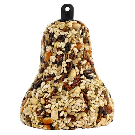 All Season Bird Seed Bell, Set of 3, featuring compacted seeds and fruit with a built-in hanger for easy suspension in trees or feeders.