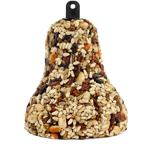 All Season Bird Seed Bell, Set of 3, featuring a dense mix of seeds, nuts, and fruits, with a built-in hanger for easy backyard bird feeding.