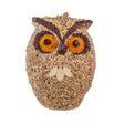 Whoo-lio The Owl Wild Bird Seed Feeder, owl-shaped ornament covered in seeds and dried fruit, features a jute hanger for easy display.