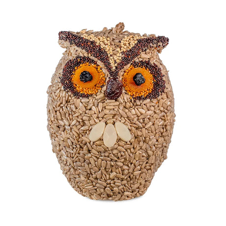 Whoo-lio The Owl Wild Bird Seed Feeder, owl-shaped ornament covered in seeds and dried fruit, features a jute hanger for easy display.
