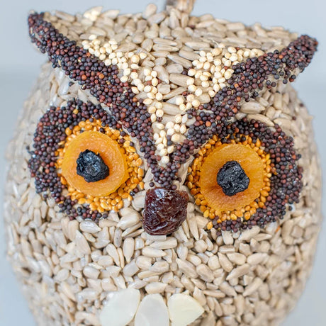 Whoo-lio The Owl Wild Bird Seed Feeder made of sunflower hearts, seeds, dried fruit, features jute hanger, perfect for attracting seed-loving birds.