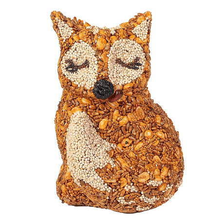 Hot Foxy Flaming Hot Wild Bird Seed Feeder, fox-shaped, spicy bird treat, includes hanger, repels squirrels, invites birds. Perfect for yard décor and gifting.