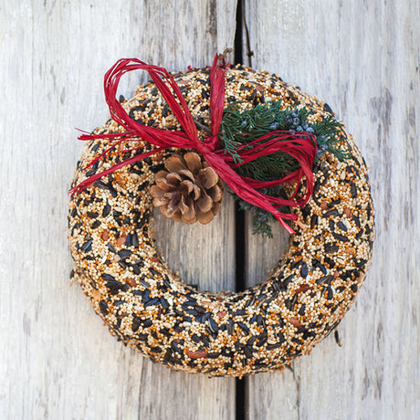 WildFeast Bird Seed Wreath with a pine cone and red bow, providing nutritious seeds, nuts, and fruits for birds, ready to hang and perfect for gifting.