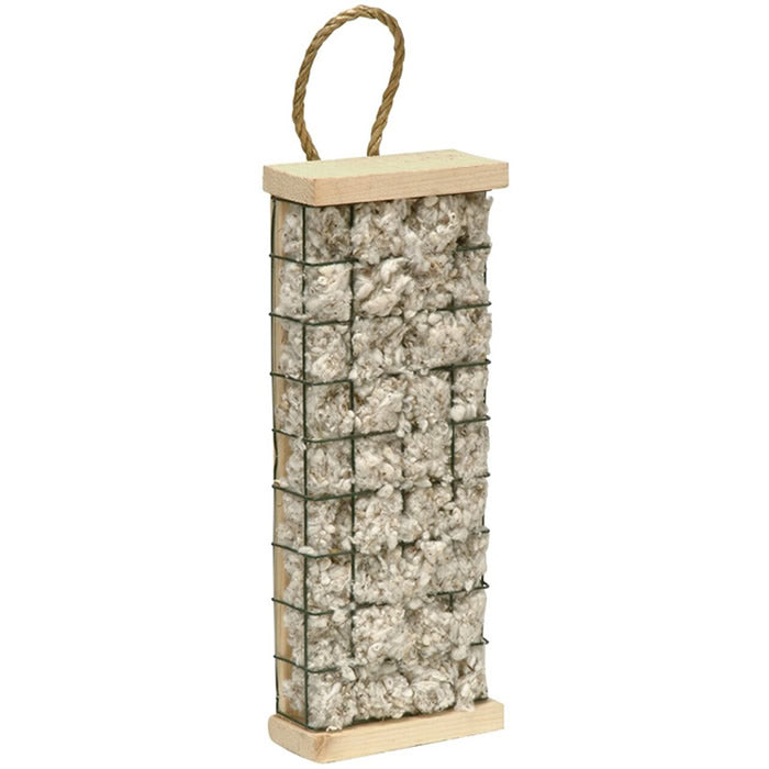 Bird Nester: Wooden frame with rope, filled with soft cotton tufts and aspen fibers for birds to nest comfortably.