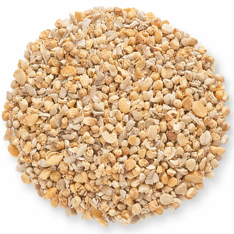 Duncraft Peanut Bits & Sunflower Hearts Wild Bird Seed, 5-lb bag; image shows a pile of small, shell-free seeds, ideal for attracting birds without waste.