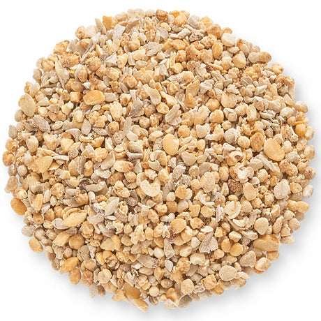 Duncraft Peanut Bits & Sunflower Hearts Wild Bird Seed, 5-lb bag; image shows a pile of small, shell-free seeds, ideal for attracting birds without waste.