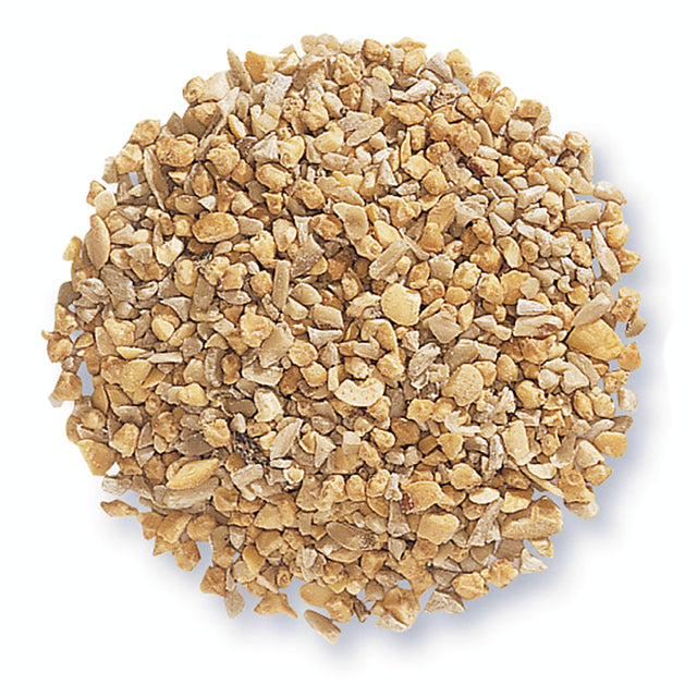 Duncraft Peanut Bits & Sunflower Hearts Wild Bird Seed, 5-lb bag, featuring a pile of small, edible seeds for easy bird digestion and no waste.