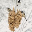 Wild Bird Seed Pinecone Pair with chickadees feeding on two seed-coated pine cones, designed for easy hanging and reuse, perfect for holiday gifting.