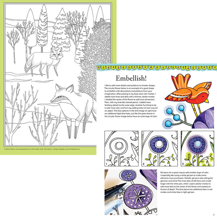 Seek, Color, Find Nature: A Treasure Hunt and Coloring Adventure book with intricate illustrations of nature, including hidden creatures and symbols, designed for creative coloring.