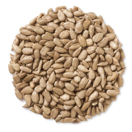 Duncraft Whole Sunflower Hearts Wild Bird Seed, 5-lb bag: A pile of hulled sunflower seeds, ideal for attracting birds with no shell waste.