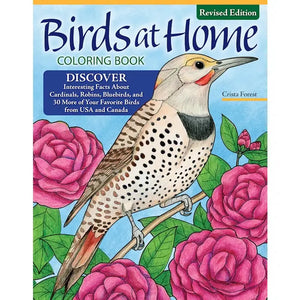 Birds at Home Coloring Book: A bird perched on a flowering branch, featuring detailed illustrations of North America's favorite birds and flowers for coloring and relaxation.