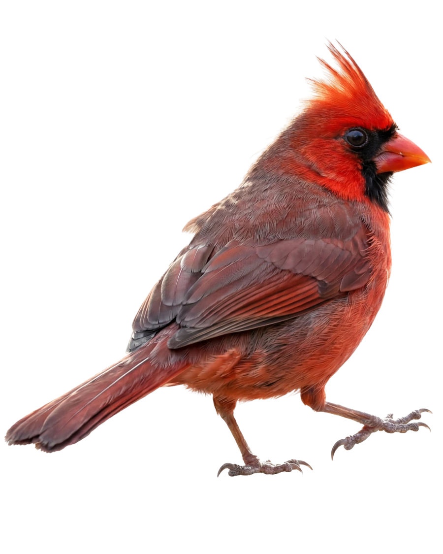 Male northern cardinal with bright red plumage, a pointed crest, and a black face mask.