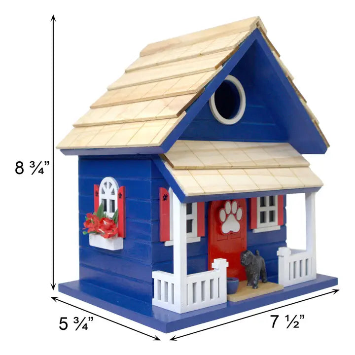 Bow Wow Birdhouse featuring a functional design with clean out, drainage, ventilation, and keyhole for hanging; accommodates small bird species.