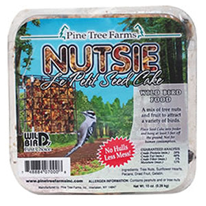 Nutsie Le Petit Seed Cake in a plastic container with a label, perfect for year-round bird feeding and fitting any standard seed cake feeder.